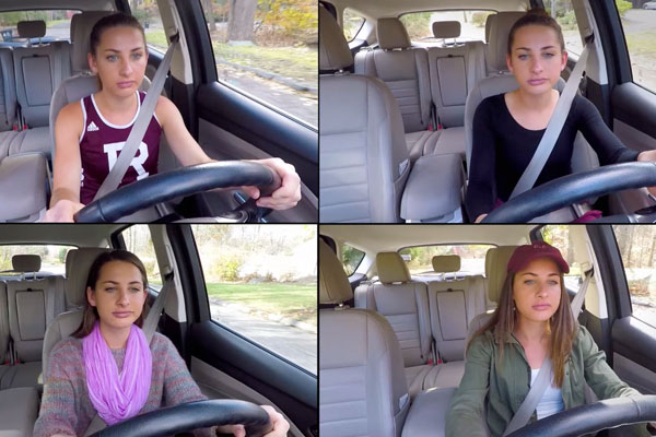 4 images of the same woman driving on different days