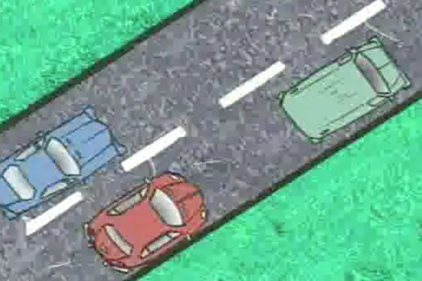 an illustration of a red car passing a blue car with a green car in front