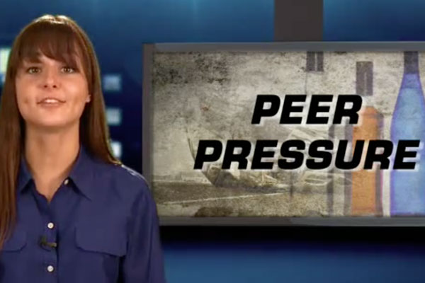 teen anchor with a chyron that reads peer pressure
