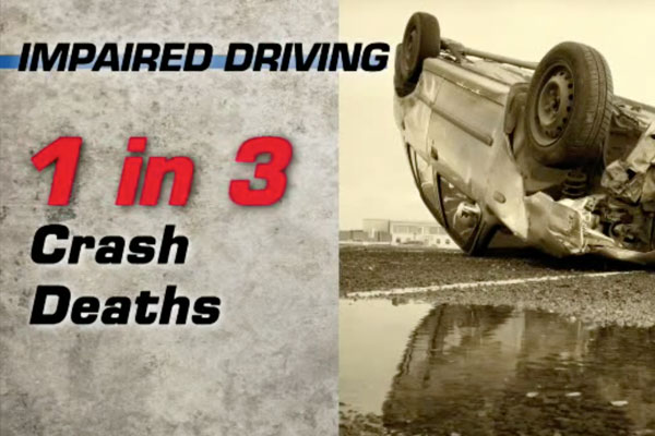 a car turned over and a graphic with 1 in 3 crash deaths