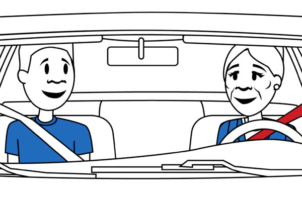 drawing of a grandmother and her grandson in a car
